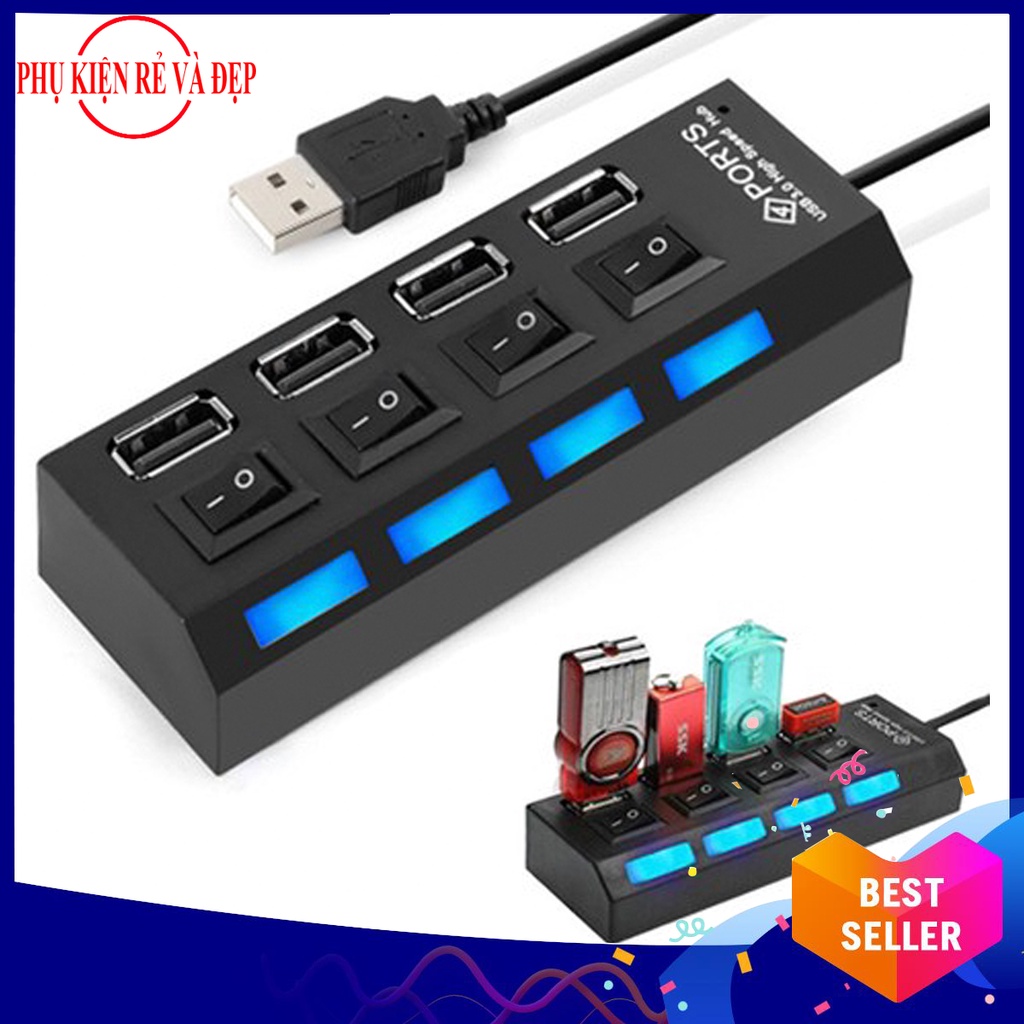 Bộ chia USB 4 cổng có đèn led và công tắc tiện dụng, chất lượng cao