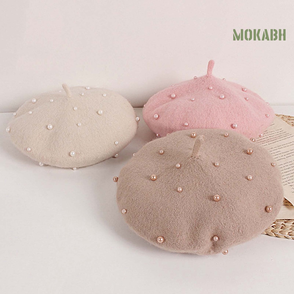 Mũ Beret Đính Ngọc Trai Giả Màu Sắc Trơn Ấm Áp Thời Trang Cho Bé Gái