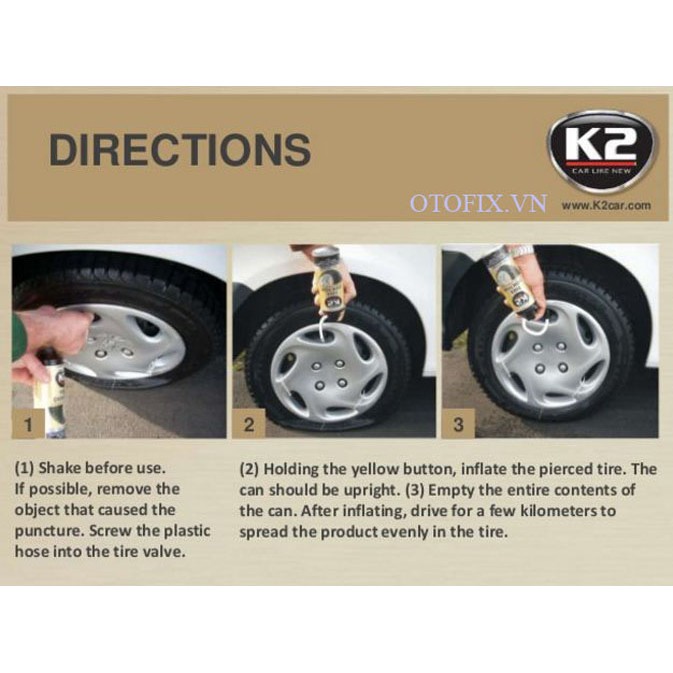 K2 Tire Doktor - bình bơm lốp ô tô xe máy khẩn cấp chống xì hơi do đinh, không cần thay lốp dự phòng