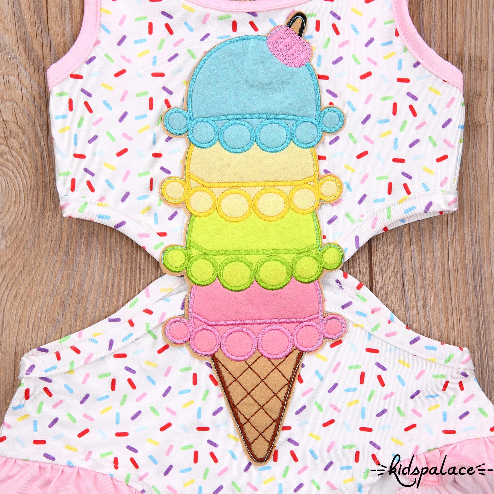 BbQ-Girl’s Sweet Ruffles One Piece Swimsuit Fashion Bow Ice Cream Print Hollow Suspender Swimsuit