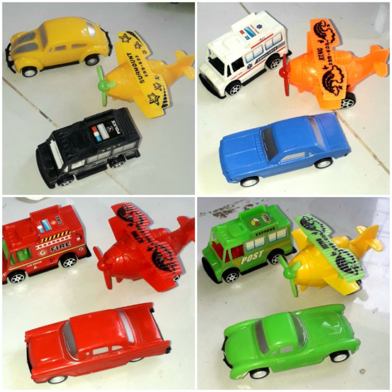 Sét 3 chiếc mô hình xe+máy bay bằng nhựa chạy chớn mini