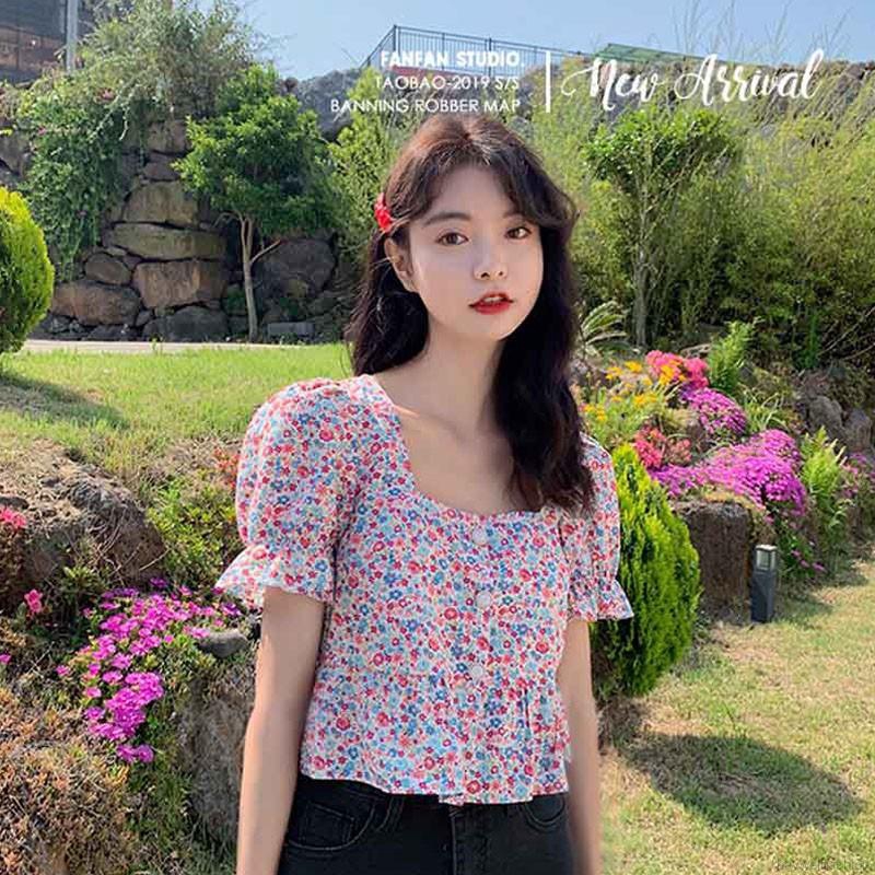 [Baywellfashion]Áo Sơ Mi Ngắn Tay In Hoa Kiểu Retro Pháp Thời Trang Mùa Hè Cho Nữ