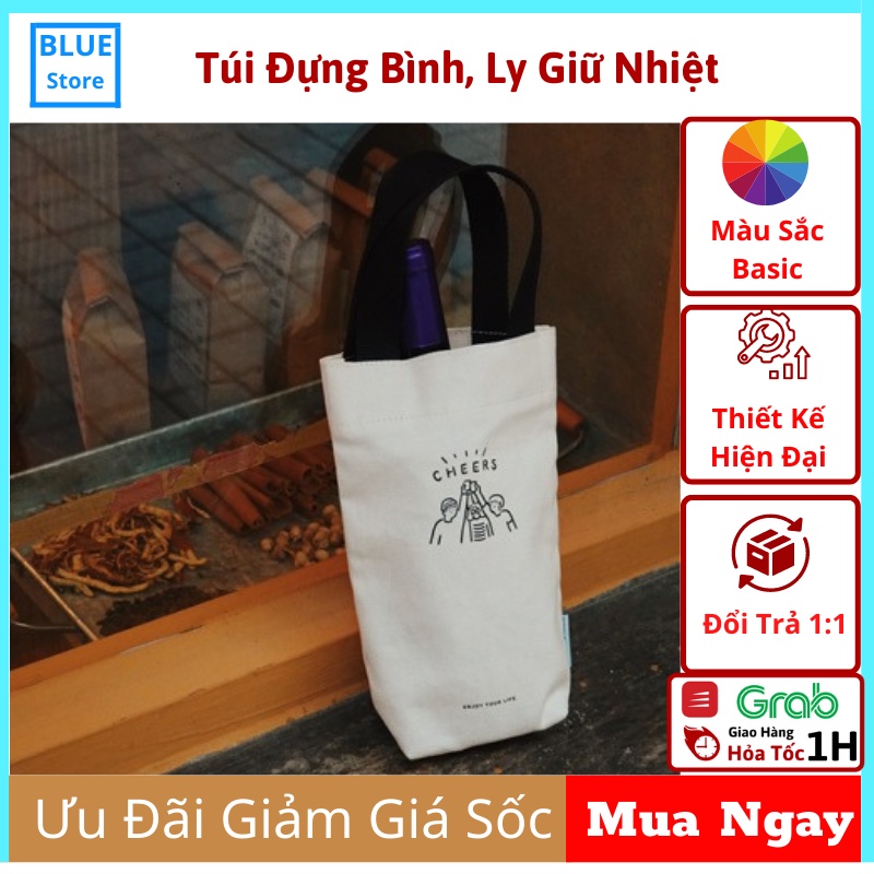 Túi đựng Cốc, Bình giữ nhiệt, túi vải Dù Canvas đựng đồ cá nhân mini BlueStore