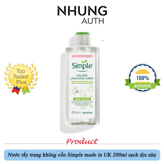 Nước tẩy trang không cồn Simple made in UK 200ml sạch dịu nhẹ