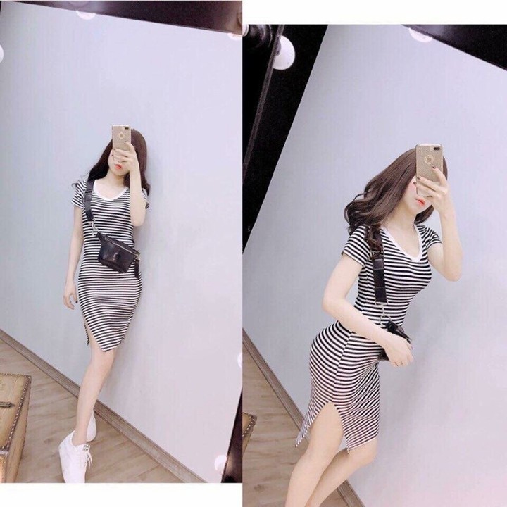 Đầm nữ 💕 FREESHIP 💕 Váy body tay ngắn cổ tim xẻ đùi thời trang xixo cao cấp DAM0017 | BigBuy360 - bigbuy360.vn
