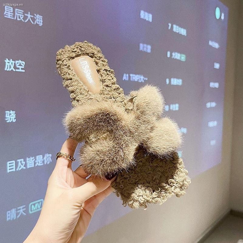 Dép quai ngang đế bằng phối lông cừu phong cách mùa đông cho nữ