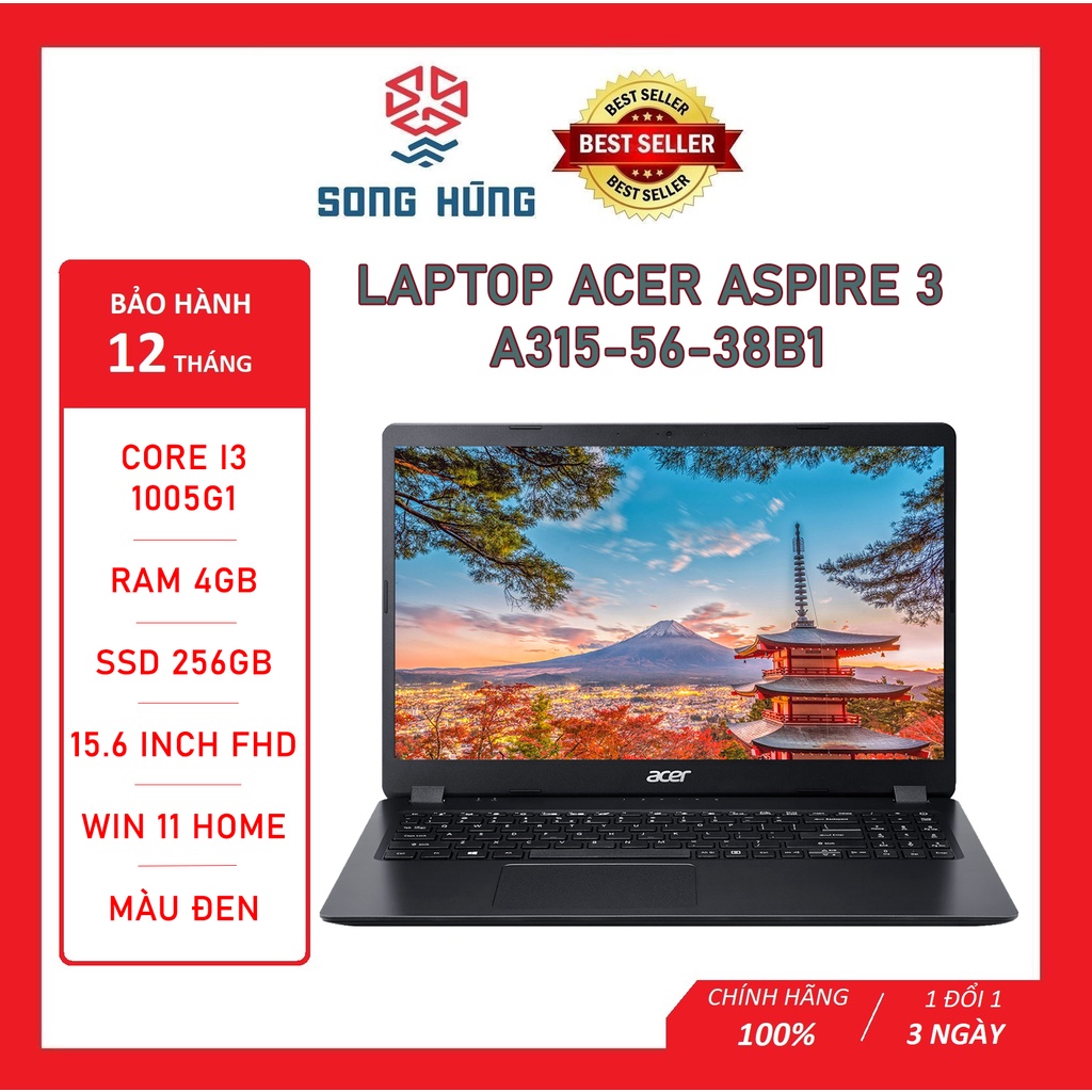 Laptop Acer Aspire 3 A315 56 38B1 i3 1005G1/4GB RAM/256GB SSD/15.6 inch FHD/Win 11/Đen, laptop giá rẻ chính hãng