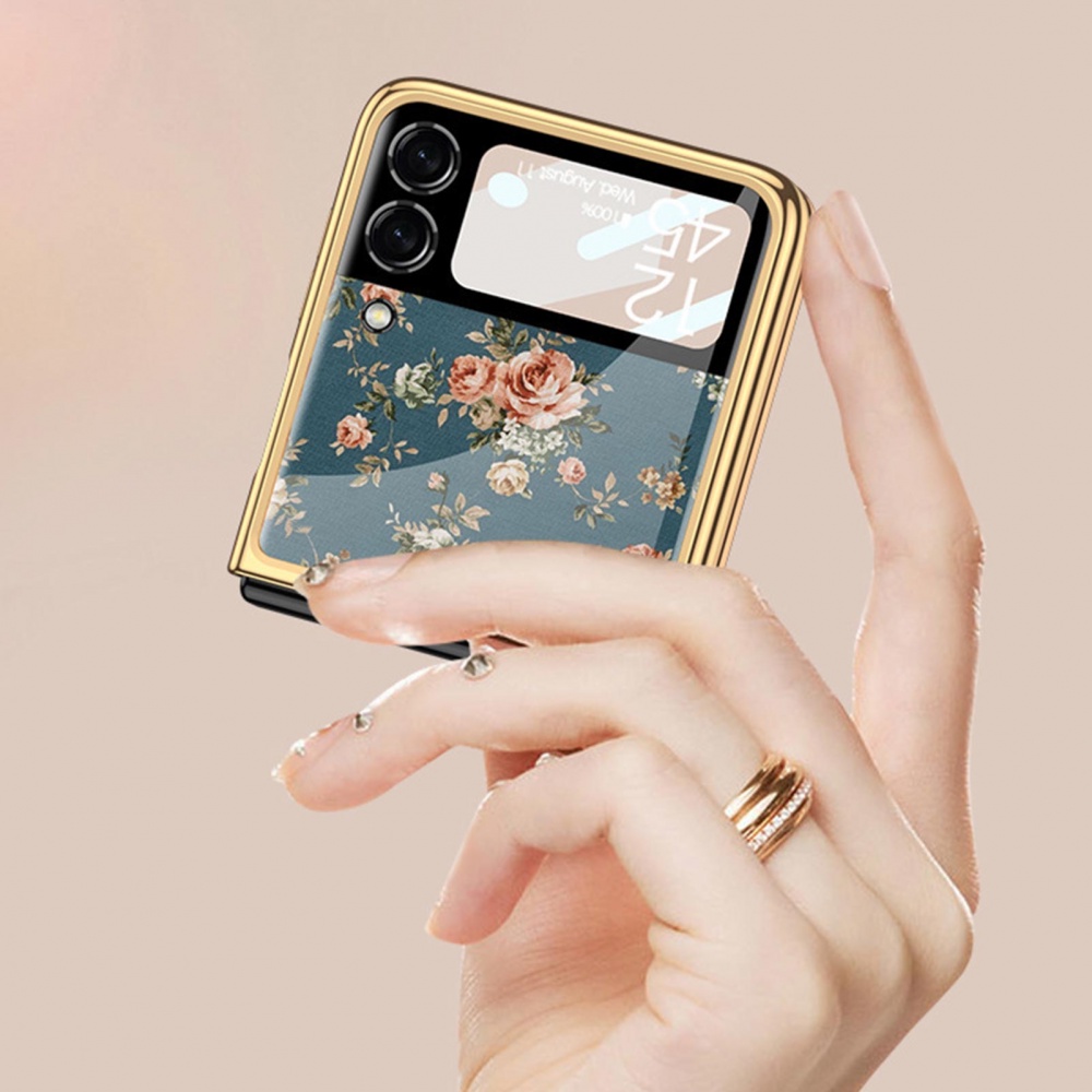 Ốp điện thoại mặt kính cứng chống sốc in hoa cho Samsung Galaxy Z Flip 3