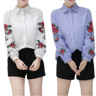 Áo sơ mi blouse nữ dạo phố thêu hoa, kẻ sọc loại tay dài