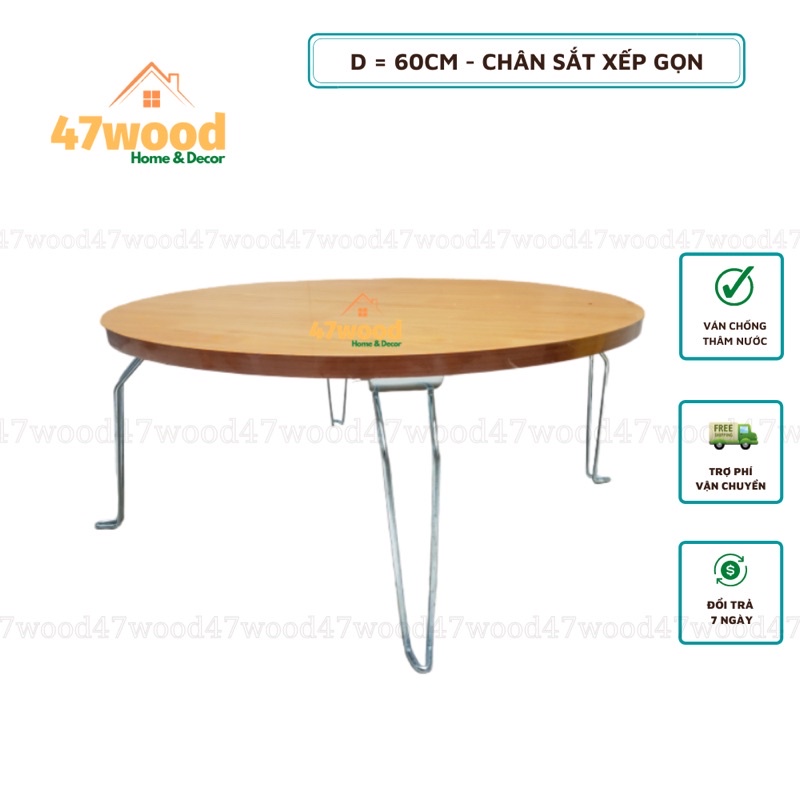 Bàn xếp đa năng chân sắt mặt vân gỗ đường kính 60cm - Bàn ăn mặt tròn chân gấp gọn 47wood