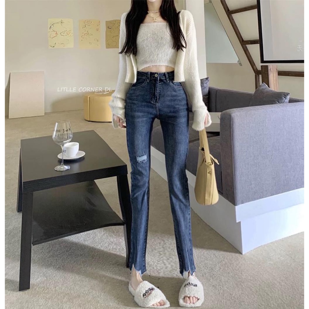 Quần jean ôm TOPSHOP nữ - quần bò nữ co dãn lưng cao denim màu xanh đậm rách đùi gấu kiểu quảng châu kèm ảnh thật