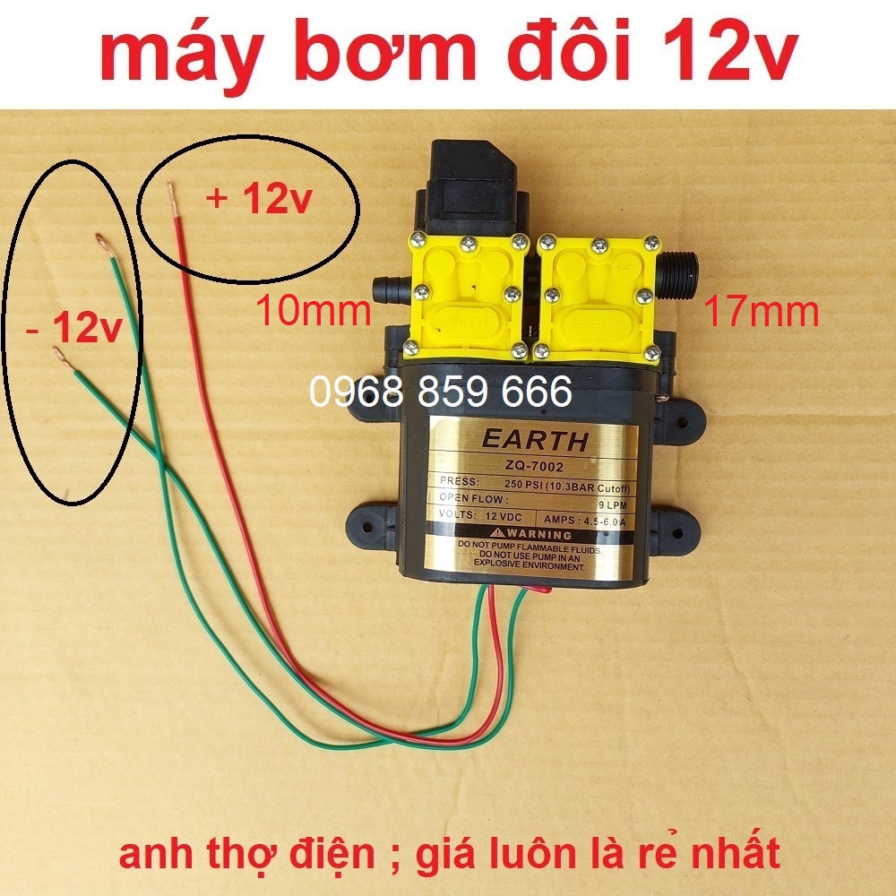 máy bơm phun sương ,máy bơm nước đôi EARTH tăng áp lực nước mini 12V 120W Lưu lượng 9L/phút (bơm đôi 12v)