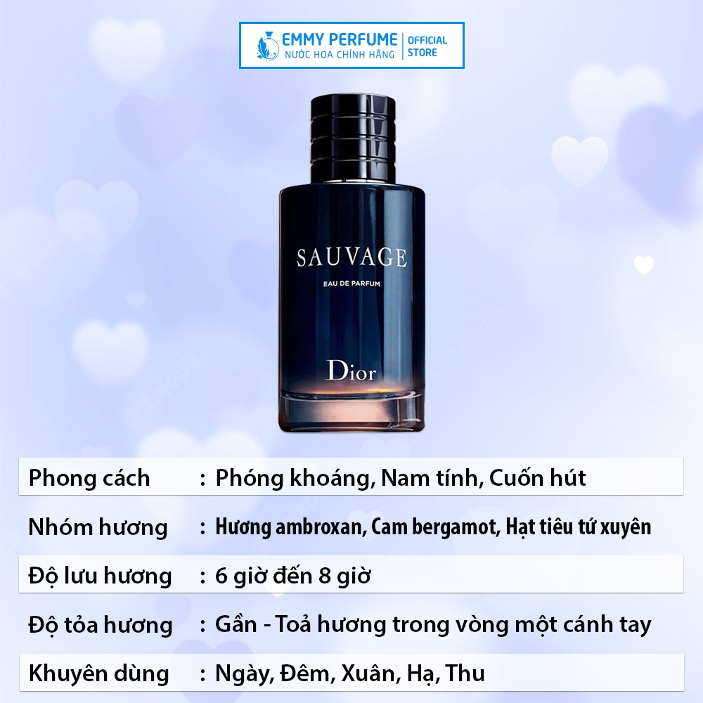 Nước Hoa Nam Dior Sauvage EDP Nam tính Mạnh mẽ Cuốn hút Thơm Lưu hương lâu 8 - 10 giờ EmmyPer