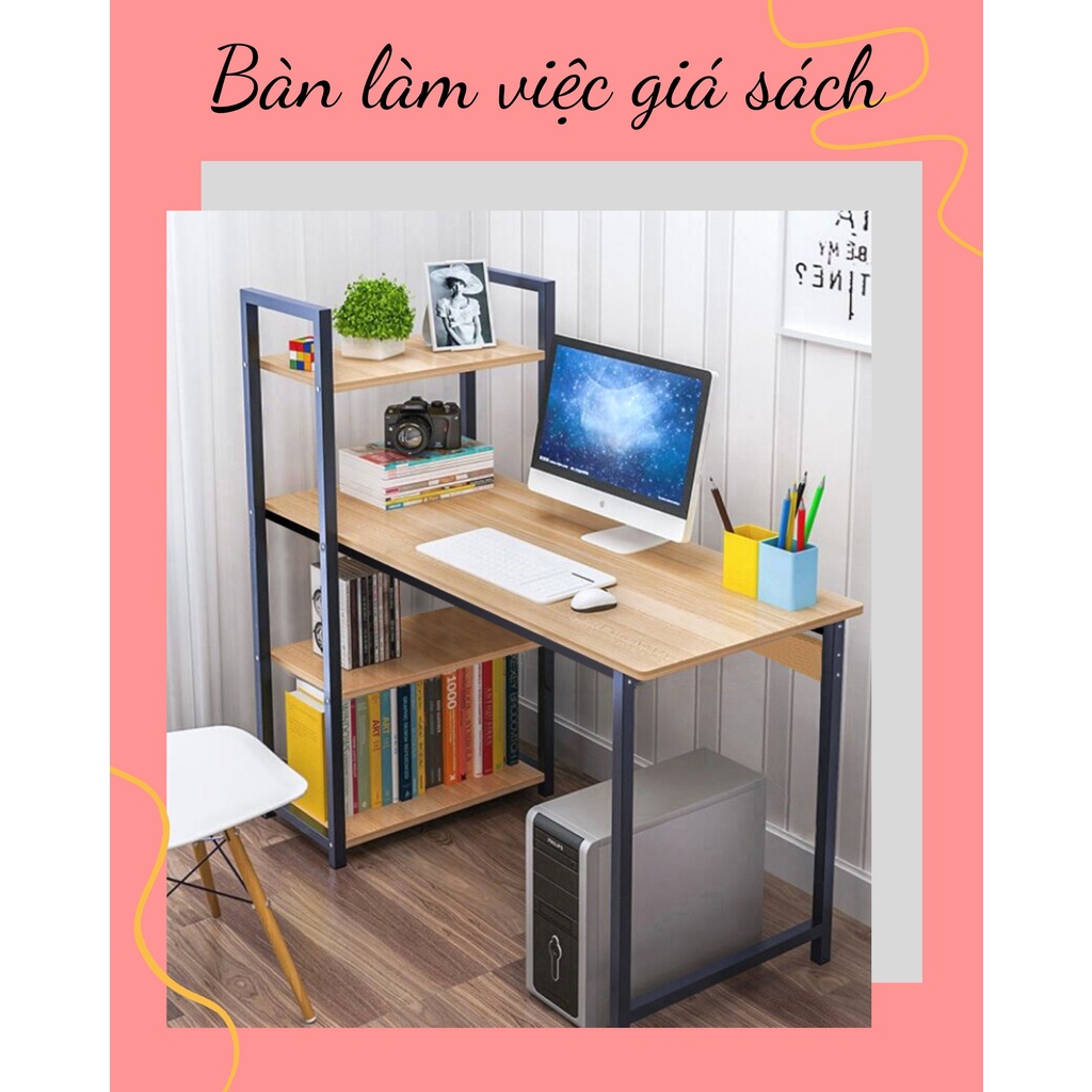 Bàn làm việc kèm giá sách vân gỗ lắp ráp đơn giản văn phòng nhà chân sắt bàn gỗ khung thép sơn tĩnh điện thông minh V3