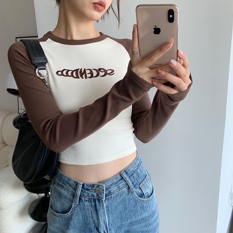 SUXI Áo Thun Tay Dài Dáng Ôm Màu Sắc Tương Phản Thời Trang Xuân Thu Quyến Rũ Cho Nữ