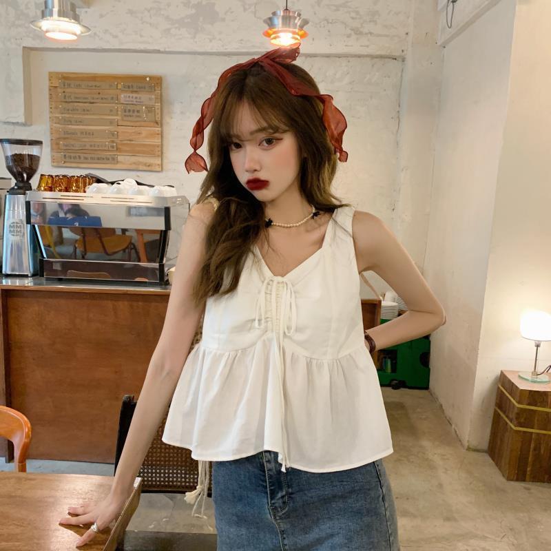 Jiashucheng Áo Sát Nách Rút Dây Màu Trơn Kiểu Retro Thời Trang Mùa Hè 2023