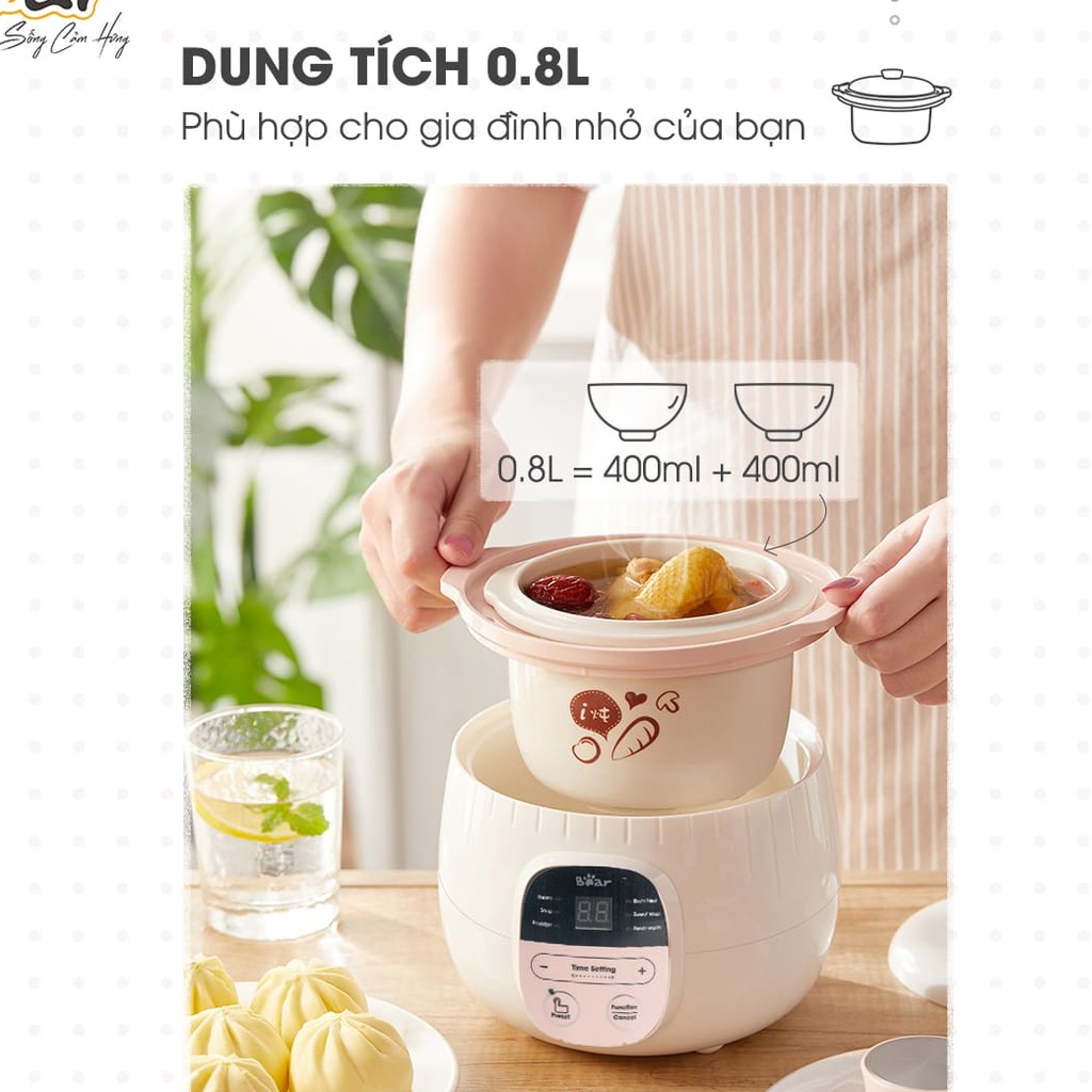 Nồi Nấu Cháo chậm Cho Bé Ăn Dặm_Nồi Hầm Cháo Chậm, Ninh Cháo Đa Năng Có Lồng Hấp Bear 1L và 0.8L_Bảo Hành 18 Tháng