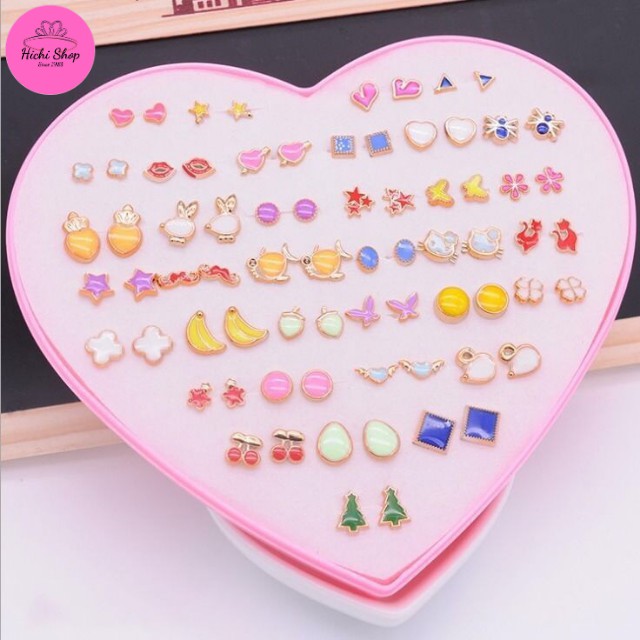 Set 36 đôi khuyên tai hộp trái tim, bông tai nhựa, hoa tai đính đá nhiều kiểu dáng