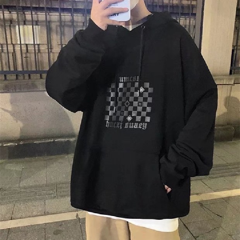 Áo hoodie tay dài dáng rộng in họa tiết kẻ sọc phong cách hip hop đường phố Hàn Quốc thời trang thu đông cho nam size M-5XL
