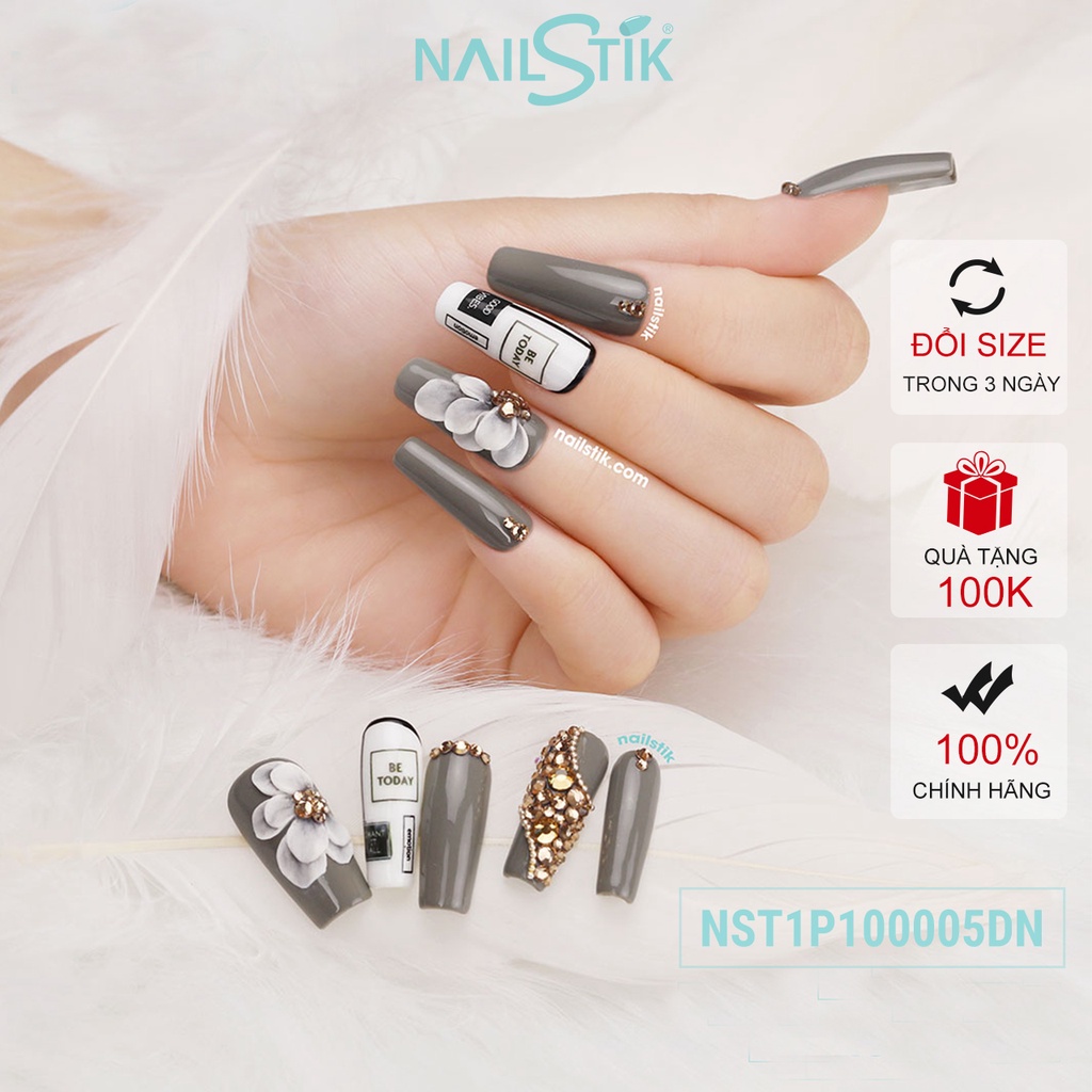 Móng úp thiết kế by NAILSTIK, màu xám, form móng ngang, dài 005