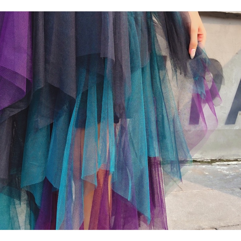 AMOI Chân Váy Midi Lưng Cao Vải Tuyn Màu Sắc Gradient Thời Trang Cho Nữ