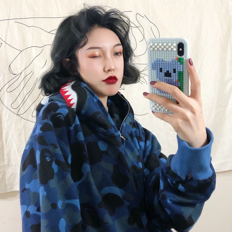 (Kiểu dày hơn)Áo khoác cá mập bape áo hoodie Cặp nam nữ có dây kéo unisexhàn màu lam