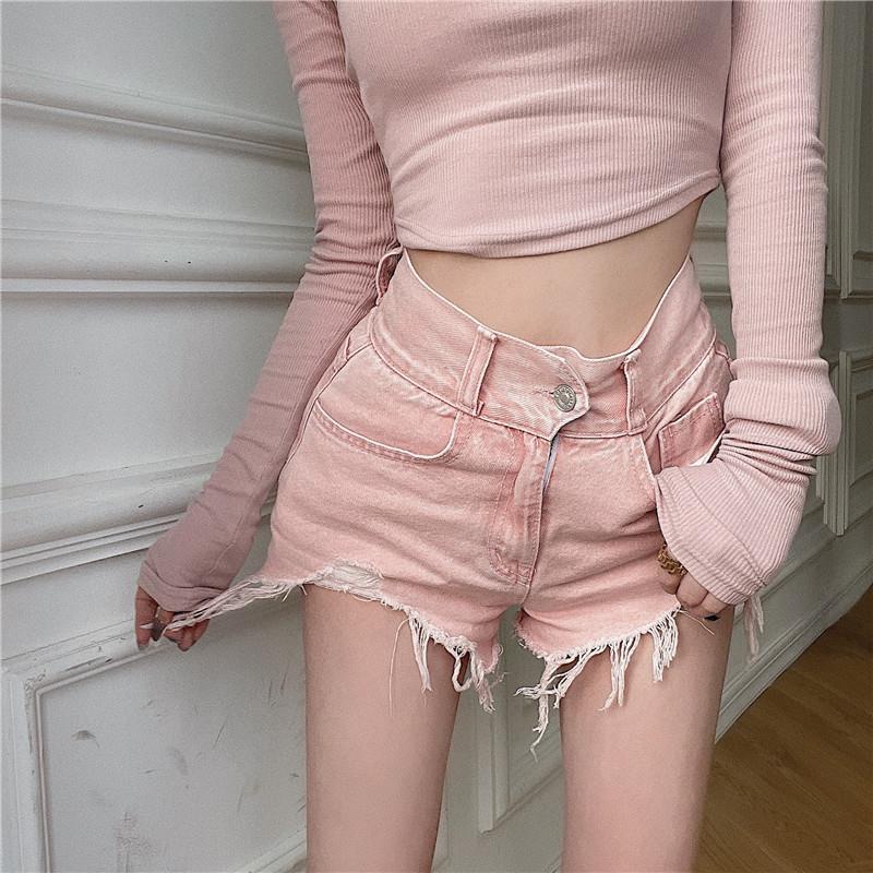 G&g Quần short Denim lưng cao rách màu hồng viền thô cho nữ