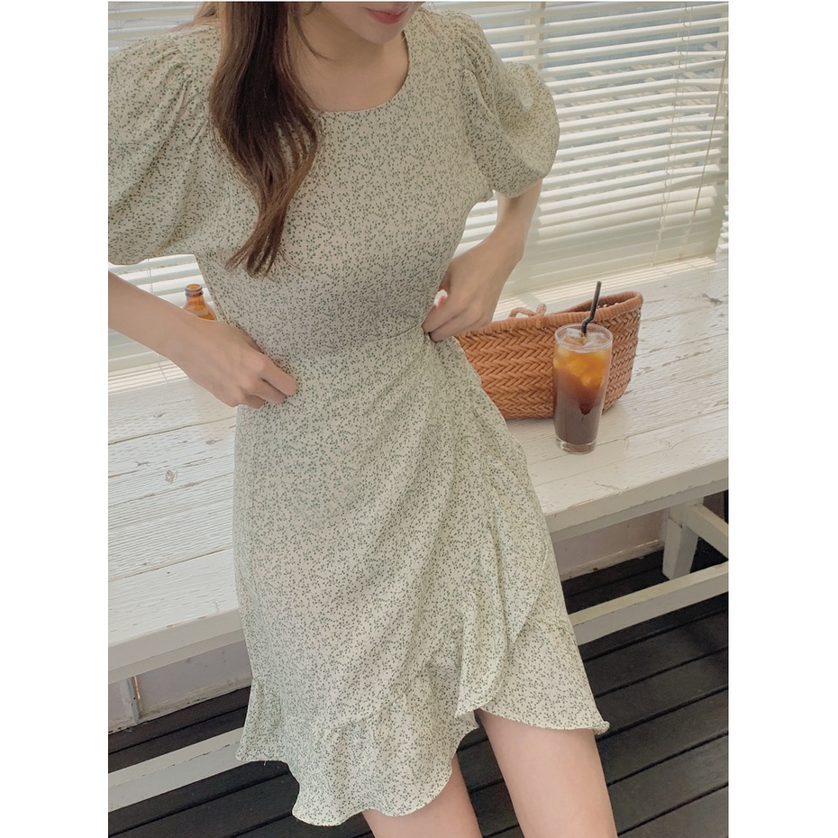 SUXI Đầm Tay Ngắn Cổ Tròn Hoạ Tiết Hoa Phong Cách Hàn Quốc