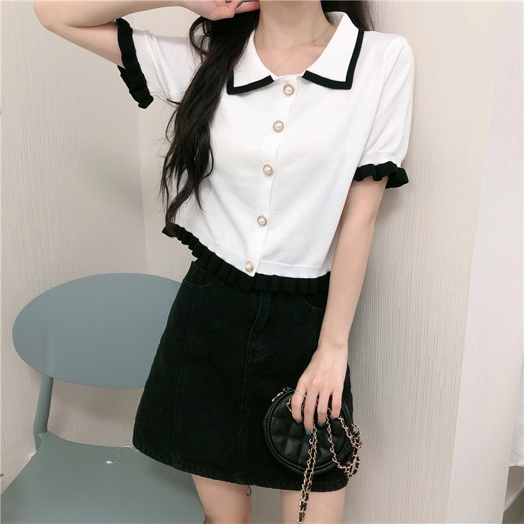 Áo Ulzzang nữ dáng croptop cổ Polo chất len tăm đen viền trắng độc đáo phong cách Hàn Quốc C23 - Maoshop