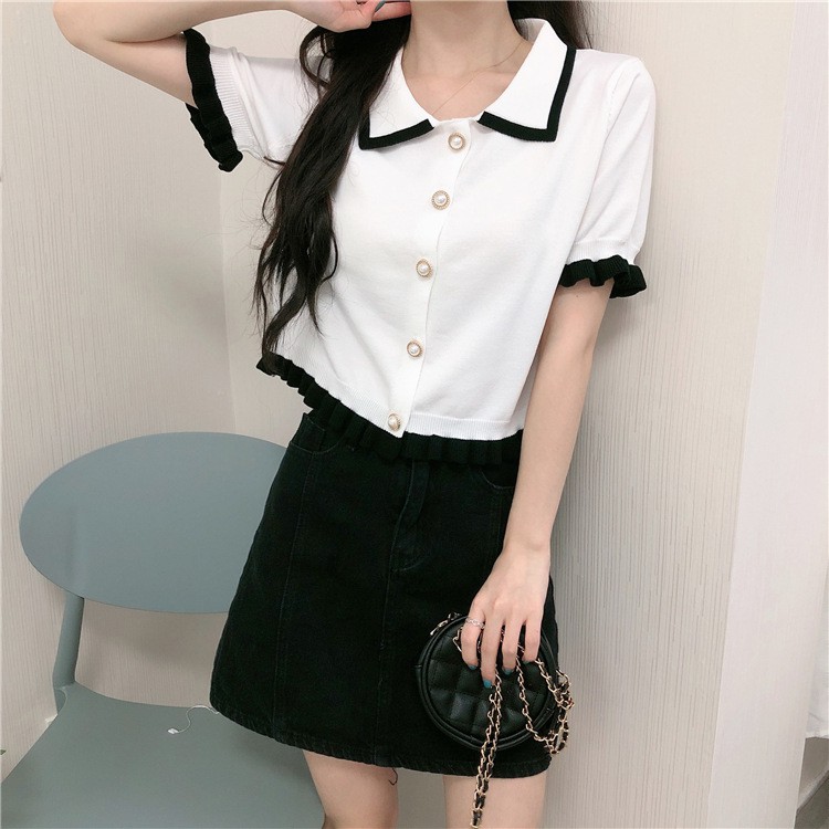 Áo Ulzzang nữ dáng croptop cổ Polo chất len tăm đen viền trắng độc đáo phong cách Hàn Quốc C23 - MaoMao