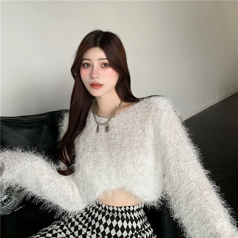 Áo len lông croptop, áo len nữ dáng ngắn