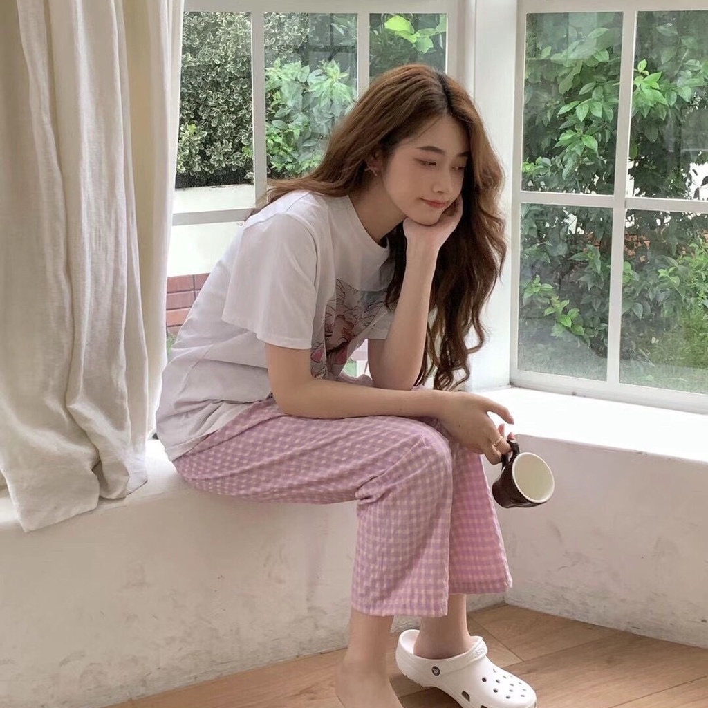 Quần Ngủ Cotton Ống Rộng Lưng Cao Họa Tiết Sọc Caro Phong Cách Hàn Quốc Mới | BigBuy360 - bigbuy360.vn