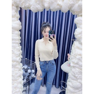 Áo len croptop cổ bẻ tay dài hàng QC!