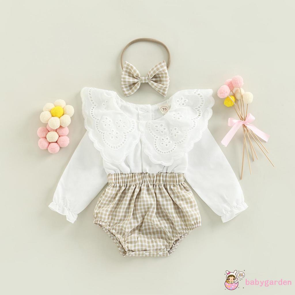 Bộ Áo Liền Quần Tay Dài Cổ Búp Bê Phối Ren Kẻ Sọc + Băng Đô Cài Tóc Thời Trang Mùa Thu Cho Bé Gái 0-18 Tháng Tuổi