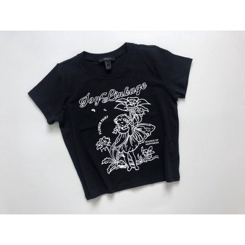 Áo croptop thun cotton đen in chữ Joy Linkage