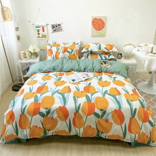 Bộ drap & chăn phao cotton poly hoa tulip cam