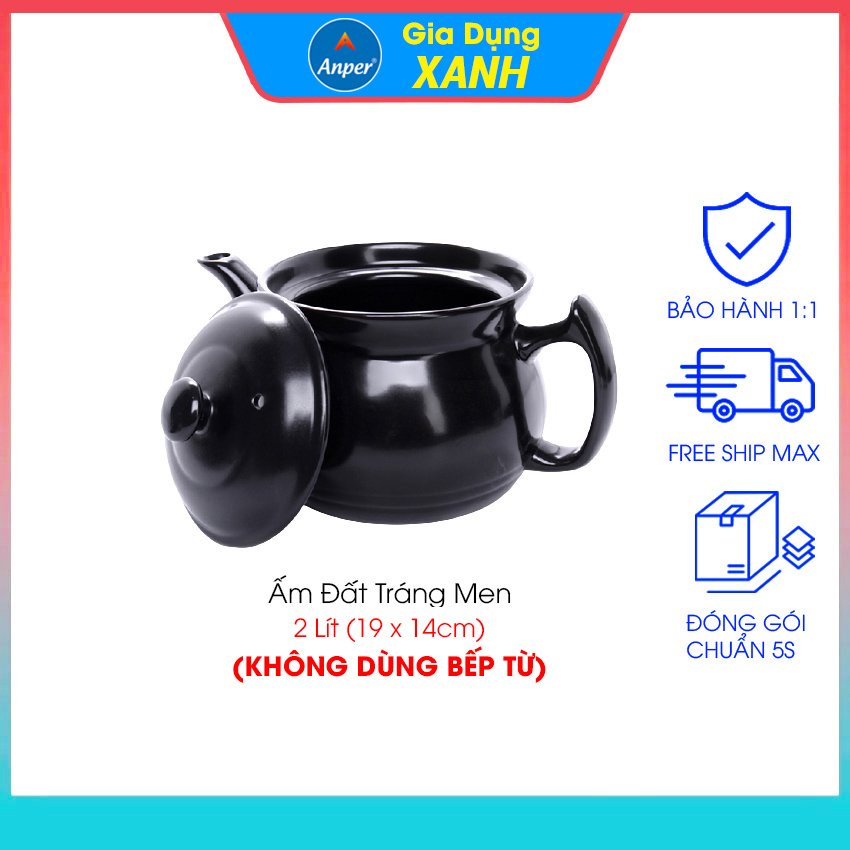 Nồi đất ấm đất 3L4L5L  ANPER tráng men nắp thuỷ tinh (ko bếp từ )  nấu cháo kho cá kho thịt sắc thuốc