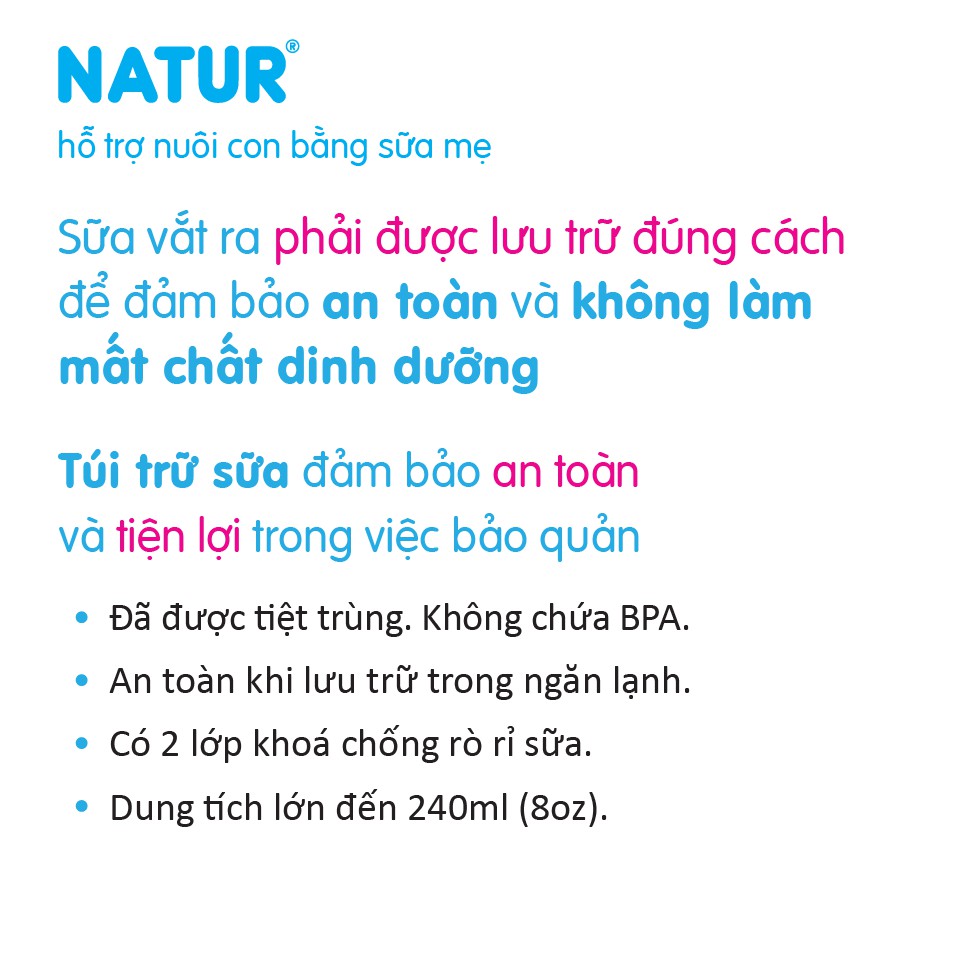 Hộp 50 Túi Trữ Sữa NATUR BPA-free 240ml (hoa văn trên túi giao ngẫu nhiên) + tặng 1 hộp nhựa thực phẩm cao cấp Thái Lan