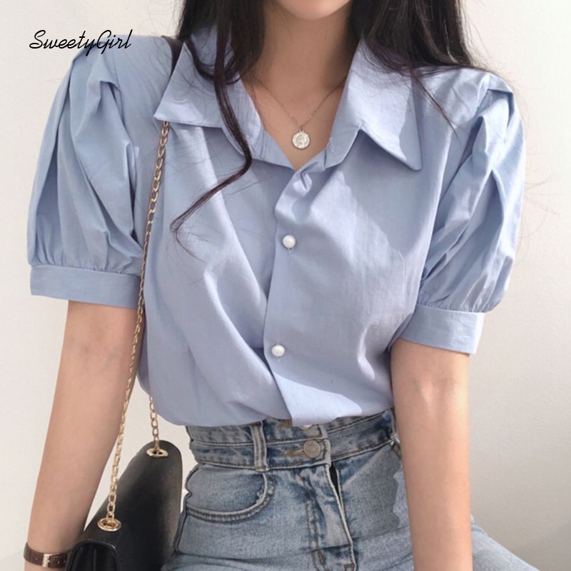 Áo Sơ Mi Tay Phồng Ngắn Cổ Bẻ Cài Nút Màu Trơn 2022 Thời Trang Cho Nữ