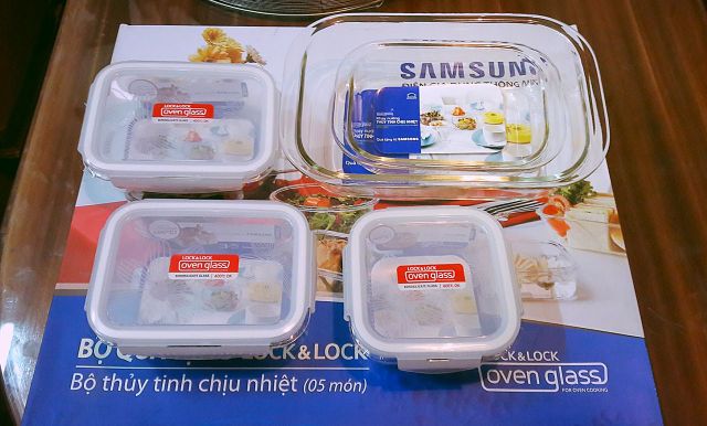 (Sỉ_ lẻ) Bộ 5 hộp thủy tinh Lock&Lock chịu nhiệt_ Hàng khuyến mại từ samsung