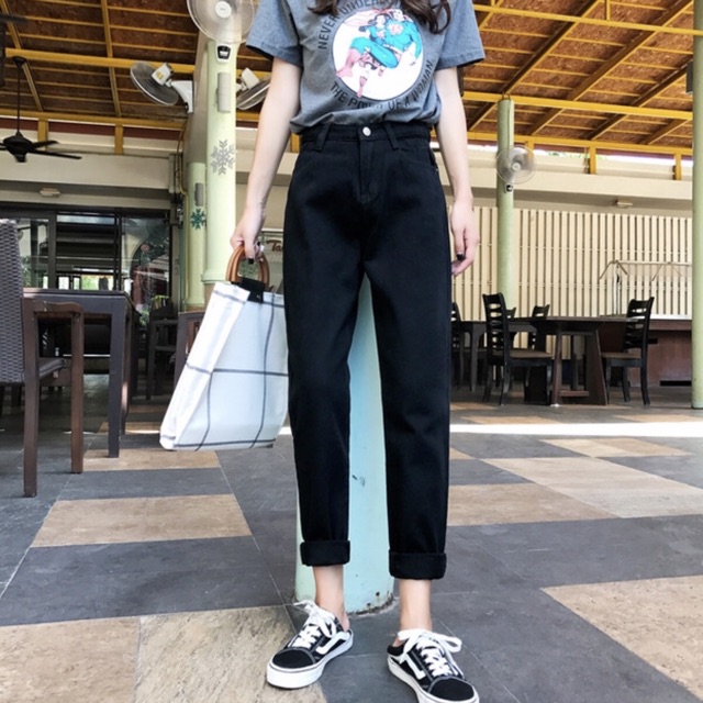 Quần baggy jean nhún eo. 2 màu đen - kem