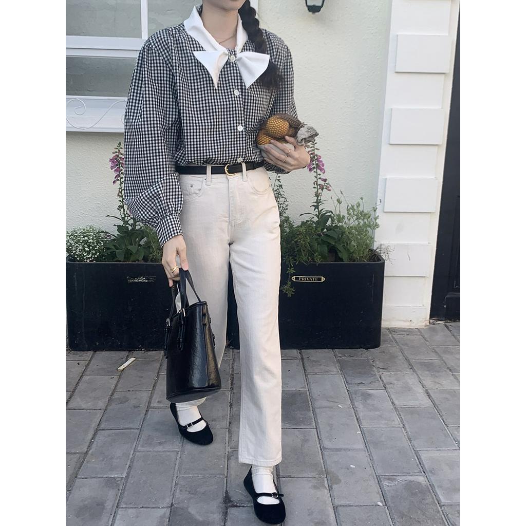 Áo Sơ Mi Dài Tay Rộng Thắt Nơ Màu Sắc Tương Phản 60802