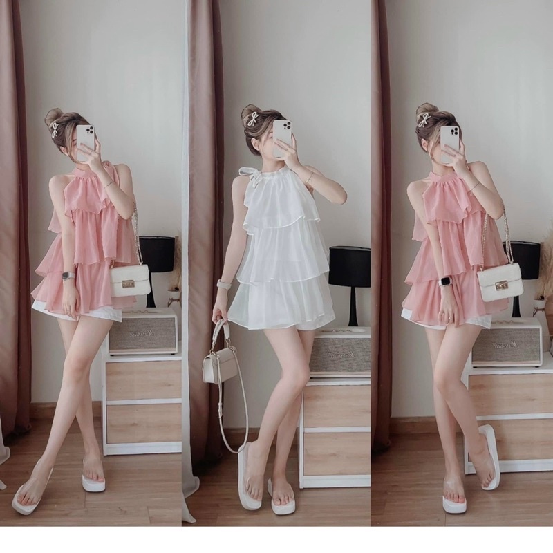 Sét bộ thời trang nữ mặc đi chơi chất voan tơ tầng cột cổ mix quần đùi for