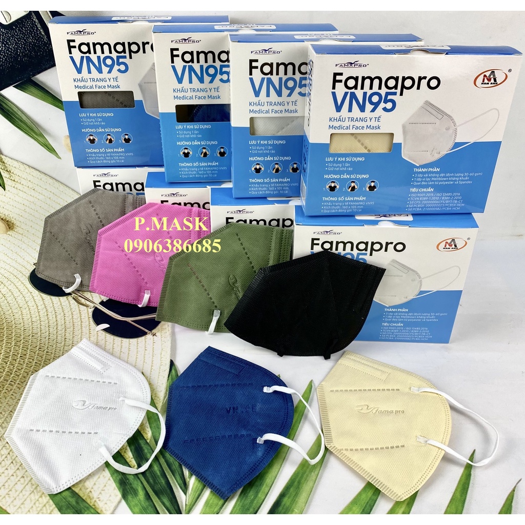 Khẩu trang Nam Anh VN95 FAMAPRO kháng khuẩn 10 cái/ hộp màu Trắng / Xanh / Xám / Rêu / Đen / Vàng Nhạt / Hồng