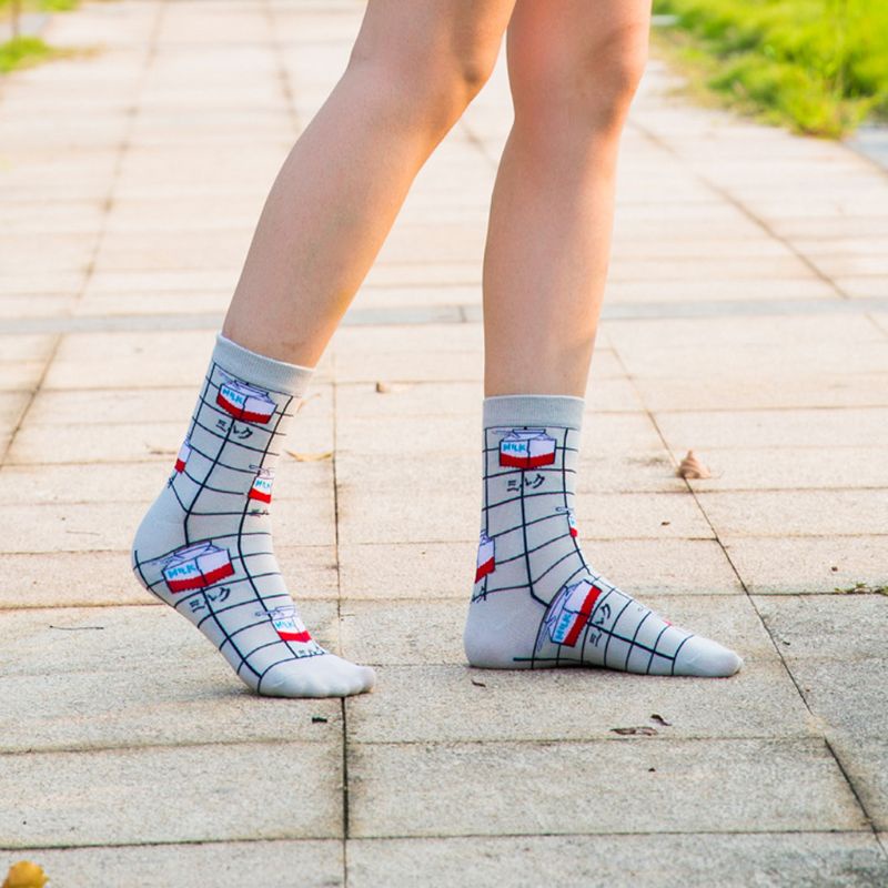 Xiangbao Vớ Cotton Dài In Họa Tiết Hộp Sữa Hoạt Hình Kẻ Sọc Caro Cho Nữ