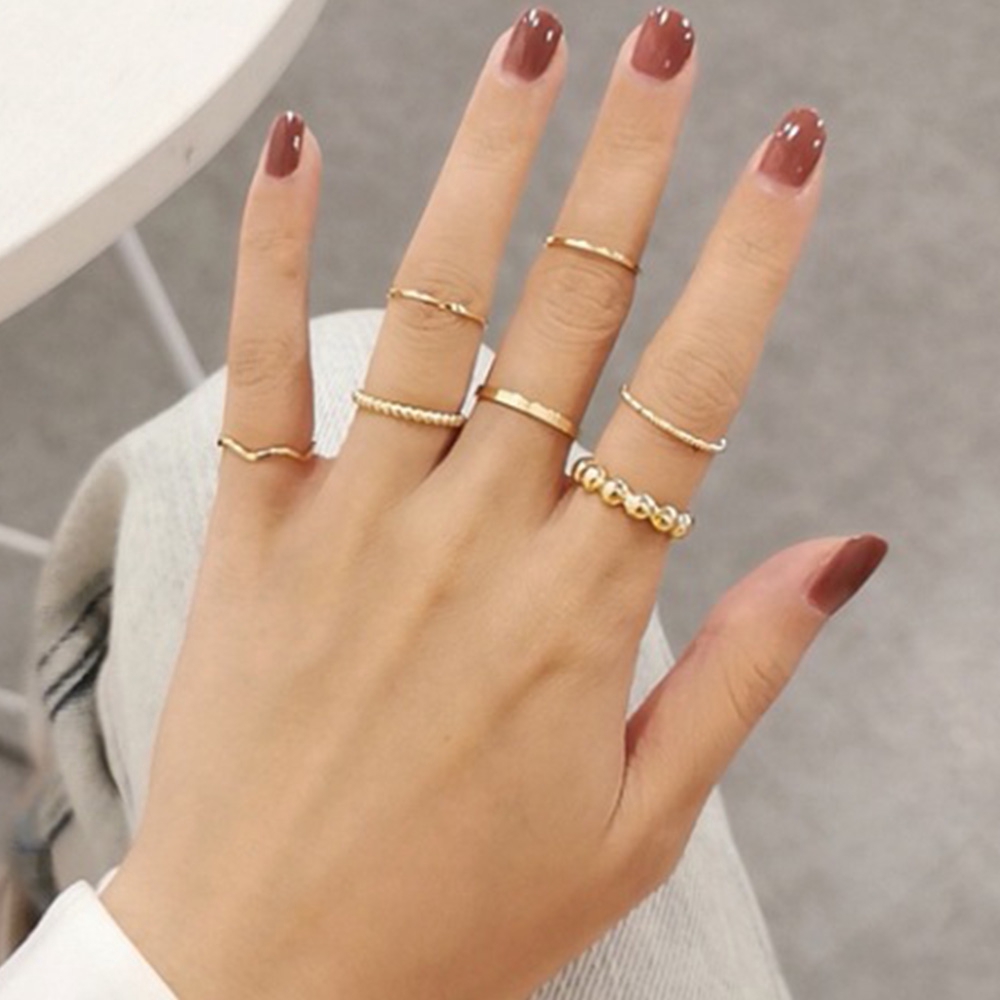 Bộ 5 Nhẫn Kim Loại Mạ Vàng Bạc Họa Tiết Hình Học Thời Trang Cho Nữ