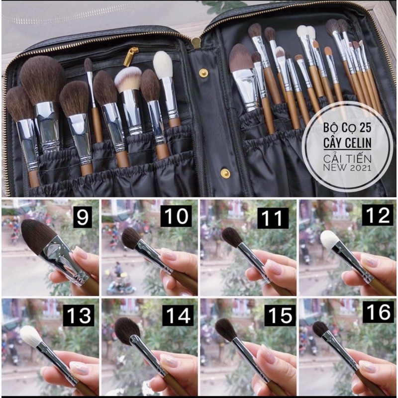 Bộ cọ trang điểm Celin 25 cây lông thú siêu mềm kèm bao da, túi lưới đựng cọ Siêu phẩm chính hãng nhập kẩu {Chính hãng