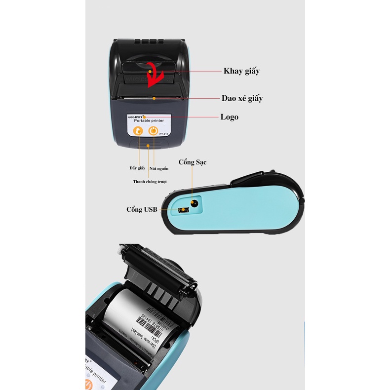 Máy in nhiệt ko dùng mực để in bill, in hóa đơn, bluetooth PT210 mini cầm tay dùng pin