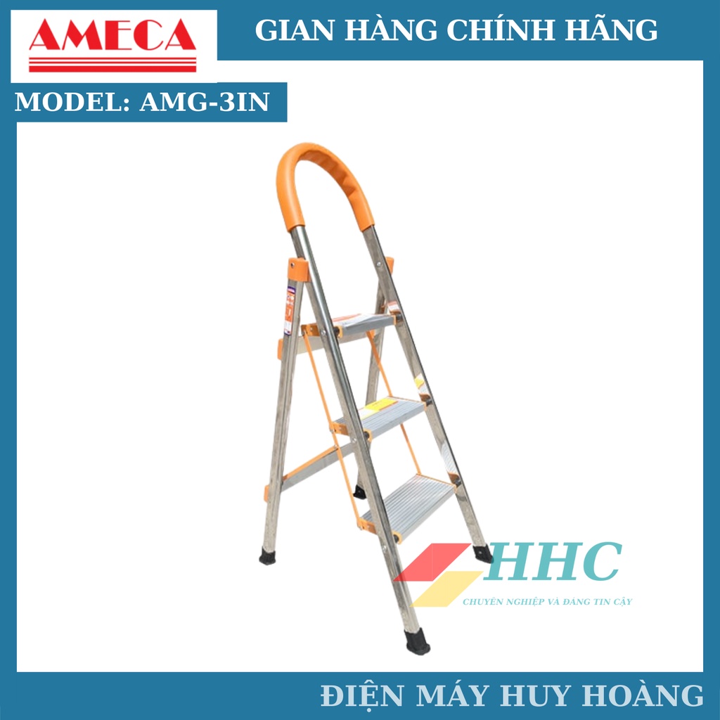 Thang nhôm xếp, thang ghế inox tay vịn 3 bậc Ameca AMG-3IN