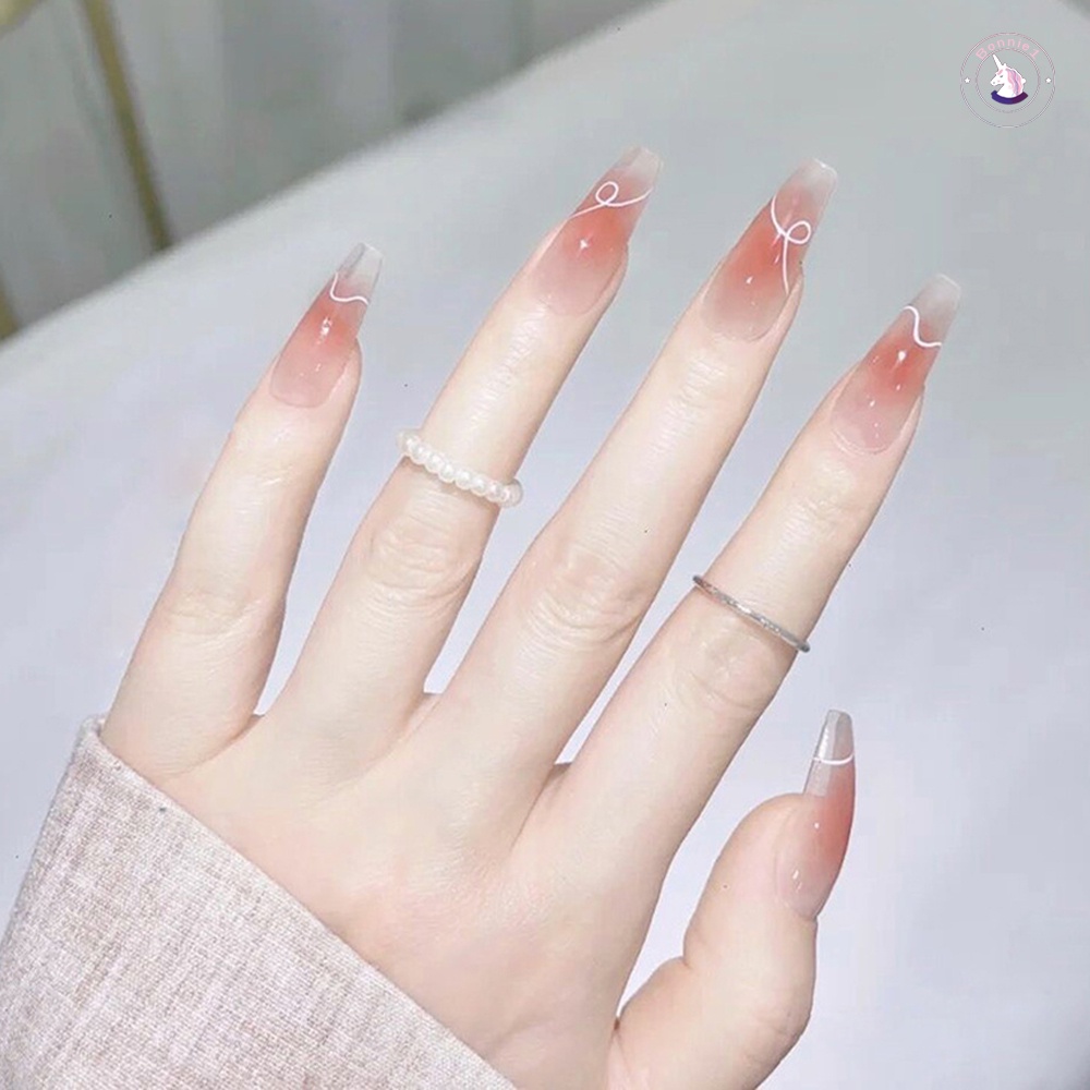 Bộ 24 Móng Tay Giả Màu Trắng Thiết Kế Dài Dễ Xé Không Rơi Tiện Dụng Cho Nữ